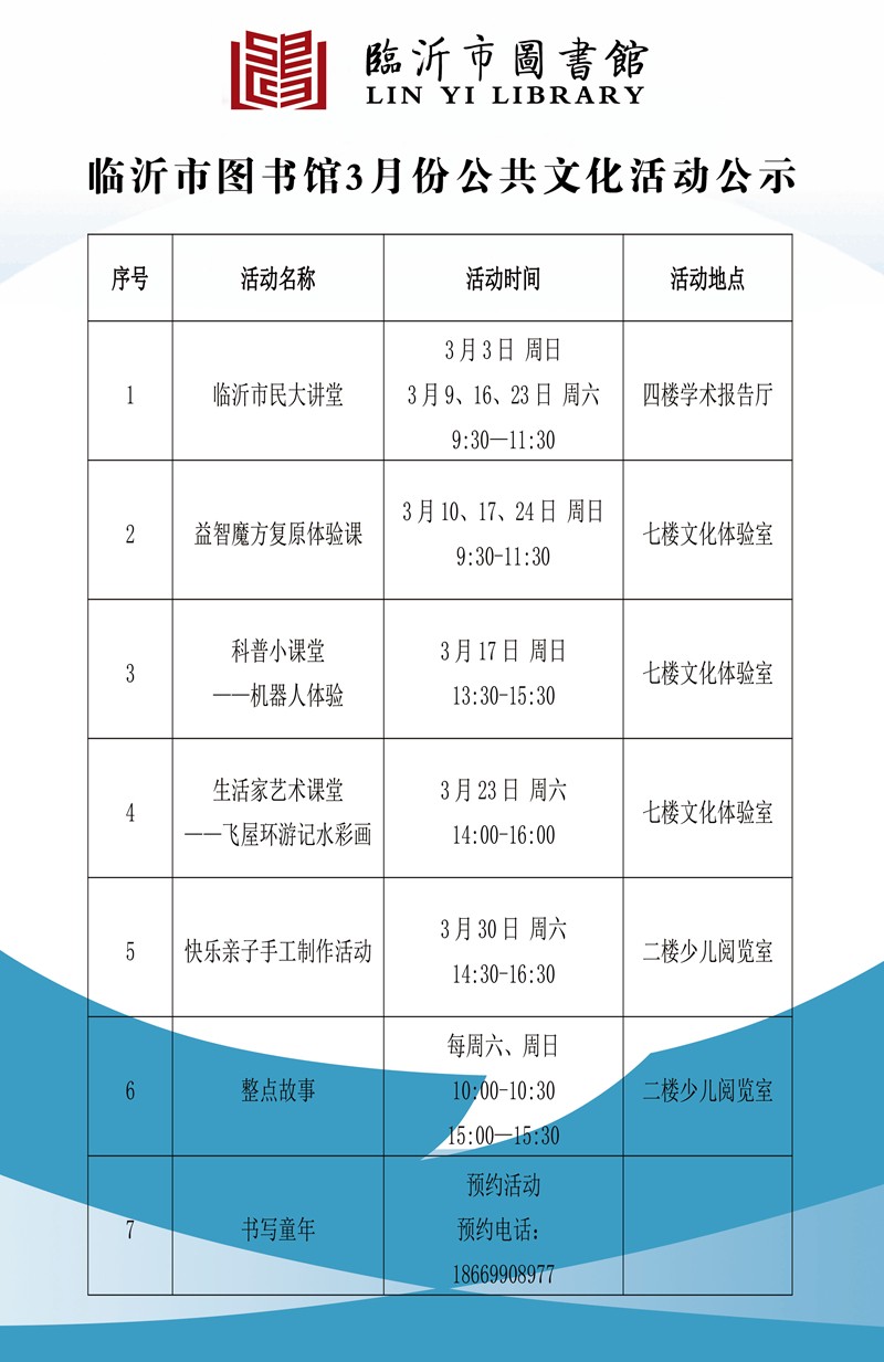 临沂市图书馆2019年3月份公共文...