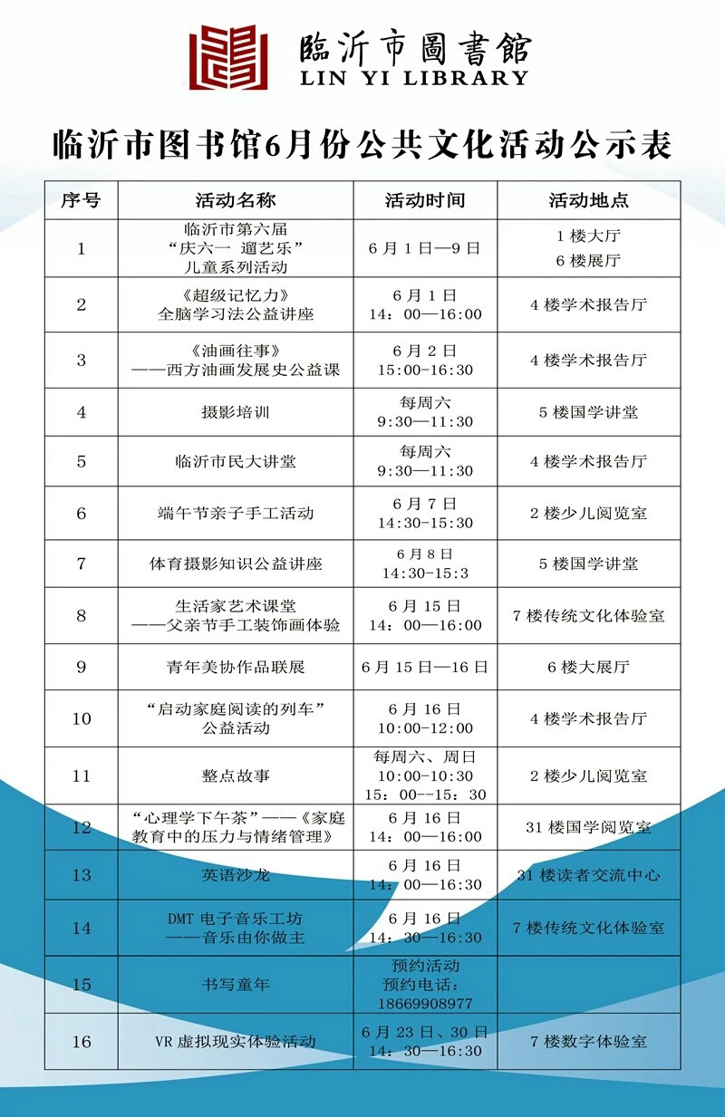 临沂市图书馆2019年6月份公共文...