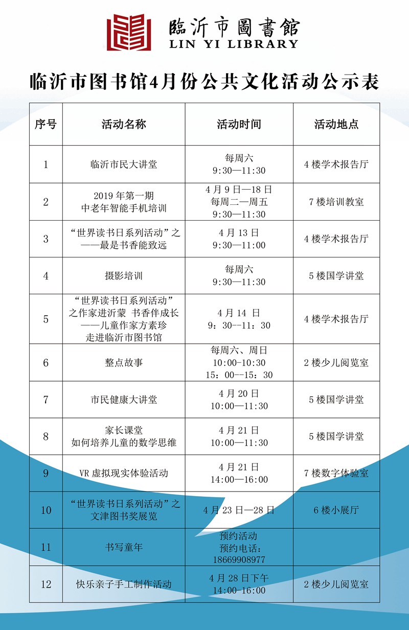 临沂市图书馆2019年4月份公共文...